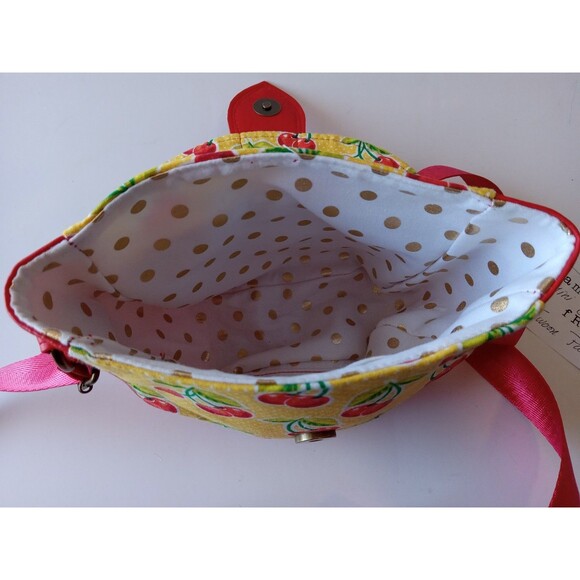 Handmade Cross Body Bag Red Faux Leather w/ Yellow & Cherry Retro Cotton - Picture 9 of 15